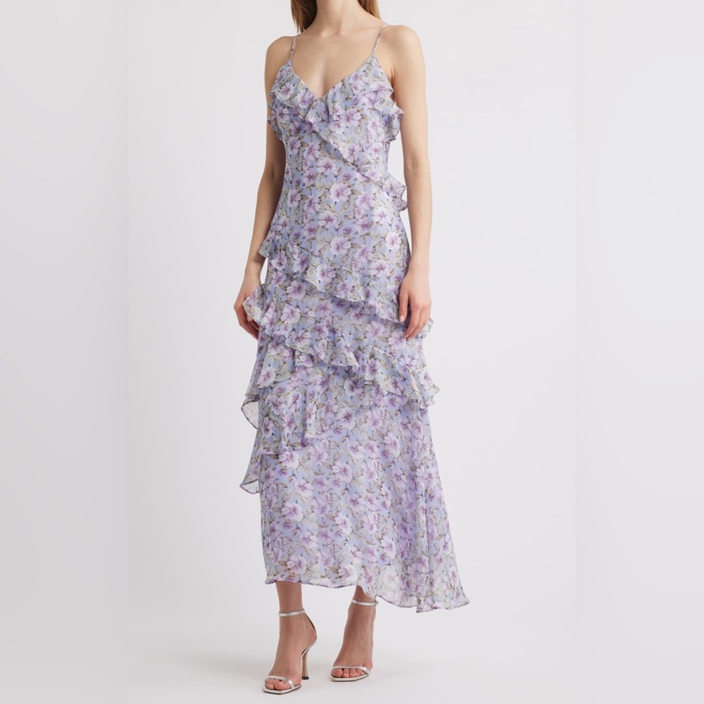 Lulu's Lavender Floral Ruffle Maxi Dress